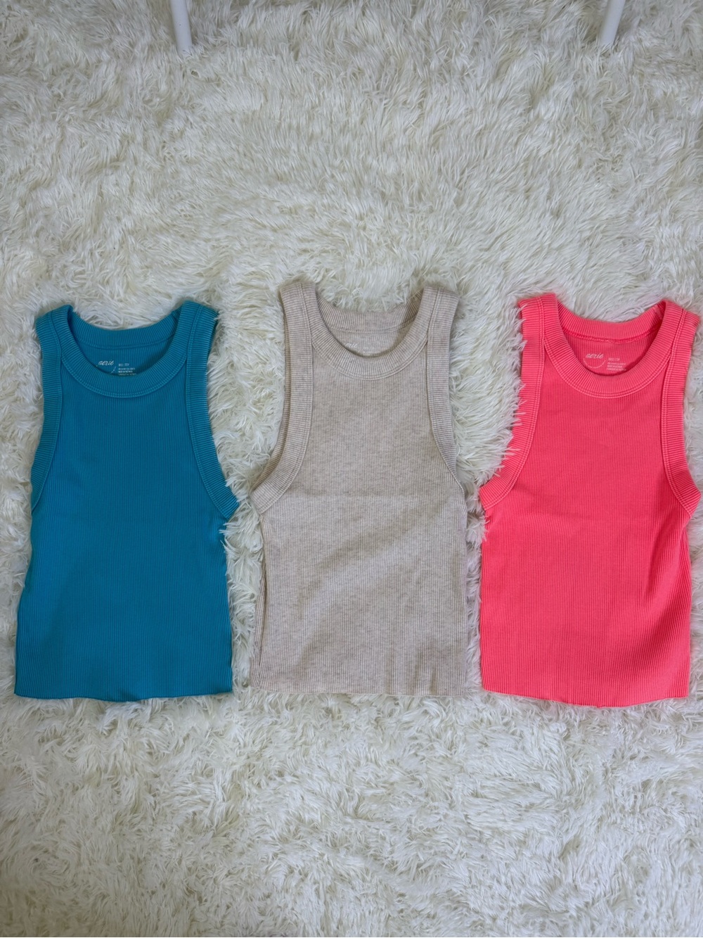 aerie Ribbed Tank Top Trio - Teal, Beige, Coral Pink